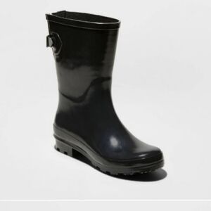 NIB Black Shiny Rain Boots Women's 6 a•new•day Vicky Cute | Waterproof | Buckle